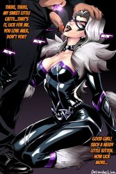 black_cat choker cleavage clothed deltathelion dialogue drool english_text felicia_hardy femsub kneeling maledom marvel_comics marvel_rivals penis pet_play pink_eyes text white_hair 