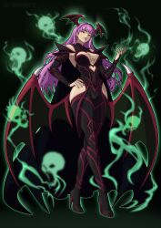  alternate_costume alternate_hair_color aura black_background breasts capcom clothed corruption darkstalkers eyeshadow female_only femsub hela high_heels large_breasts lipstick long_hair looking_at_viewer makeup marvel_comics morrigan_aensland nail_polish pink_hair red_eyes simple_background skull succubus super_hero thighhighs victoriamikoto wings 