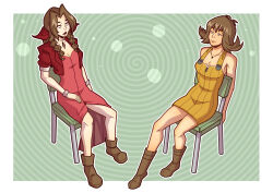 aerith_gainsborough boots brown_hair chair dress efalabrino expressionless eye_roll female_only femsub final_fantasy final_fantasy_vii final_fantasy_viii multiple_girls multiple_subs open_mouth selphie_tilmitt sitting spiral_background square_enix stage_hypnosis white_skin