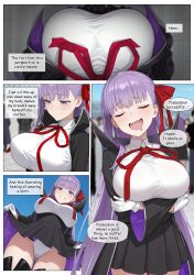 ai_art bb_(fate/extra_ccc) breasts closed_eyes comic cosplay costume crossed_arms dialogue drool english_text fate/extra_ccc fate/grand_order fate_(series) female_pov femsub gloves kodawarite_(generator) large_breasts maledom outdoors panties possession pov pov_dom pov_sub skirt_lift smile speech_bubble text