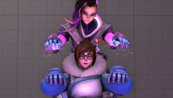  3d animated animated_gif breasts clothed dark_skin dazed earrings expressionless female_only femdom femsub glasses glowing human_puppet jewelry large_breasts long_hair mei_(overwatch) mole open_mouth overwatch puppet seamless short_hair smile sombra_(overwatch) source_filmmaker tech_control zombie_walk 