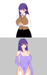  3d before_and_after blush breasts empty_eyes fate/stay_night fate_(series) female_only femsub gloves haigure hair_ribbon happy_trance huge_breasts koikatsu! leotard long_hair open_mouth opera_gloves ribbon sakura_matou school_uniform simple_background smile solo thigh_gap thighs tongue toyros 