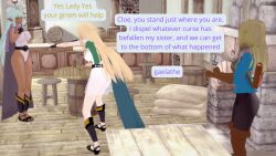 accidental_hypnosis blonde_hair brown_hair chloe clothed complex_background dialogue drunk elf_ears eltolinde female_only femsub light_skin mantra tagme text unicorn_overlord