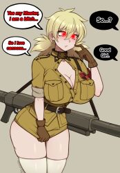  arm_bands bangs belt blonde_hair blush breasts cleavage dialogue eyebrows_visible_through_hair female_only femsub gloves glowing_eyes gun hellsing huge_breasts humor large_breasts manip military_uniform open_clothes open_shirt orotherthen_(manipper) red_eyes seras_victoria short_hair simple_background solo speech_bubble text the_scarlet_devil thighhighs twintails uniform vampire weapon 