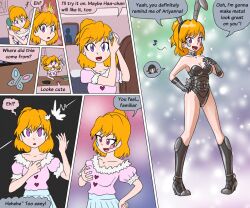  blonde_hair bunny_ears bunny_girl bunnysuit choker cleavage comic dialogue facial_markings female_only femsub groping high_heels hypnotic_accessory mahou_tsukai_precure mirai_asahina miria_(nobody-kadaj) mythkaz original possession precure purple_eyes tagme text 