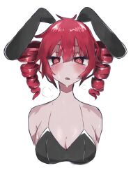  animal_ears annyo_01 blush breasts breath bunny_ears bunny_girl bunnysuit cleavage drill_hair expressionless fake_animal_ears female_only femsub long_hair looking_at_viewer open_mouth panting red_eyes red_hair simple_background spiral_eyes sweat teto_kasane vocaloid white_background 