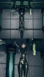  3d arms_above_head black_hair bodysuit breasts cameltoe catsuit empty_eyes expressionless face_paint female_only femsub green_eyes honey_select_2 latex murochi-san original restrained rubber short_hair solo 