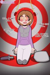  animated animated_gif brown_hair cartoonzombie character_request clothed defeated dialogue english_text female_only femsub kneeling knight original pendulum shield short_hair solo sparkle spiral_background spiral_eyes sword text weapon 