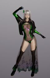 3d alternate_costume boots breasts cape dogeee emilia_(re:zero) erect_nipples femsub gloves glowing glowing_eyes green_eyes green_lipstick grey_background hair_ornament honey_select_2 leotard long_hair navel nipples opera_gloves re:zero_starting_life_in_another_world see-through simple_background standing tears thighhighs white_hair