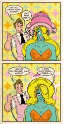  absurdres apron before_and_after blonde_hair blush border bouffant brown_hair consensual dialogue domestication english_text femsub fish_girl green_skin happy_trance long_hair maggotmike makeup maledom mermaiden_(maggot_mike) original sequence signature simple_background sitting smile sparkle speech_bubble stepfordization text tie yellow_eyes 