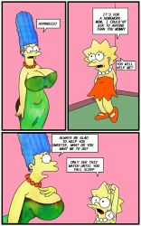  blue_hair breasts comic dialogue femsub huge_breasts incest lisa_simpson marge_simpson maxtlat mother_and_daughter pocket_watch small_breasts text the_simpsons western yellow_skin 