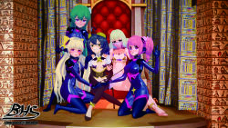 3d absurdres ahoge alternate_costume bhsdesk black_hair blonde_hair bodysuit bow cyan_hair empty_eyes female_only femdom femsub harem harem_outfit haruka_hanabishi kaoruko_tenkawa kiwi_araga kneeling koikatsu! long_hair looking_up_to_magical_girls multiple_girls multiple_subs open_mouth pink_eyes pink_hair sayo_minakami short_hair signature tech_control twintails utena_hiiragi very_long_hair