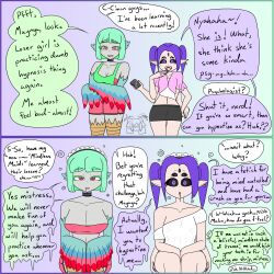 bangs before_and_after bird_girl black_sclera blush bra breasts cell_phone cleavage comic consensual dialogue earrings elf_ears erect_nipples erect_nipples_under_clothes eyelashes fangs female_only female_pov femdom femsub gradient_background green_hair harpy_girl humor large_breasts maid_headdress maynya_(sobergin) melon_(sobergin) miniskirt monster_girl multiple_eyes multiple_girls multiple_subs navel original panel panties phone pov_dom purple_eyes purple_hair red_eyes sharp_teeth shirt short_hair shorts sideboob sitting small_breasts smile sobergin speech_bubble spider_girl spiral spiral_eyes standing straight-cut_bangs tank_top text twintails underwear wings yuri