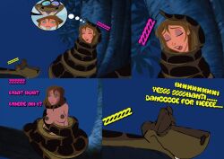  bottomless brown_hair coils comic disney dream hypnotic_eyes jane_porter jungle kaa kaa_eyes night nude restrained sleeping snake spiral_eyes symbol_in_eyes tarzan_(movie) text the_jungle_book topless trance_break waqqed_(manipper) 
