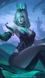 absurdres ahri_(league_of_legends) alternate_costume alternate_hairstyle bare_legs body_markings chair control_indicator corruption crossed_legs crown crystal eye_color_change facial_markings femsub gloves glowing_eyes green_eyes hair_color_change hair_covering_one_eye hand_on_head kitsune_girl l_air league_of_legends legs long_hair looking_at_viewer maledom outdoors pale_skin ruination short_hair sitting slit_pupils smoke sword viego_(league_of_legends) weapon white_hair white_skin