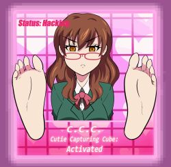  animated animated_gif barefoot brown_eyes brown_hair empty_eyes feet female_only femsub foot_focus glasses nozomi_akemi open_mouth penlight reati1 school_uniform symbol_in_eyes text 