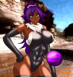 bleach bodysuit breasts cameltoe gloves huge_breasts hypnotic_orb large_ass opera_gloves ponytail purple_hair shiny_skin yellow_eyes yoruichi_shihoin zarvex3