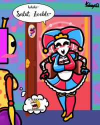  blush body_control cleavage clown clown_girl dialogue drool english_text femdom femsub gangle_(the_amazing_digital_circus) happy_trance hypnotic_accessory hypnotic_mask jester kilroylucy18 maid maid_headdress mask meme non-binary pomni possession ribbon skirt speech_bubble spiral symbol text the_amazing_digital_circus thought_bubble zooble 