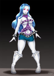 blue_hair boots breasts corruption empty_eyes fairy_tail female_only femsub gradient_background hadant happy_trance high_heels large_breasts lipstick long_hair makeup midriff nail_polish navel nefertari_vivi one_piece pale_skin rock_of_succubus signature simple_background solo studded_collar tattoo