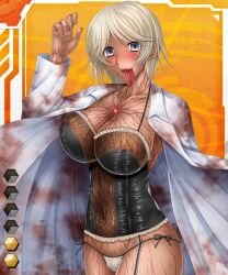  artist_request blue_eyes blush breasts cleavage collarbone corruption erect_nipples femsub happy_trance huge_breasts lilith-soft looking_at_viewer mary_mengel pov short_hair smile taimanin_(series) taimanin_asagi_battle_arena thick_thighs thighs thong tongue tongue_out white_hair 