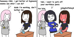  angry anon_chihaya bang_dream black_hair blush breasts brown_hair clothed coin comic dialogue embarrassed english_text evil_smile femdom femsub humor mole onceroyal pendulum pink_hair shirt shorts simple_background small_breasts smile spiralwash_eyes t-shirt taki_shiina text transfem transgender_identity umiri_yahata white_background 