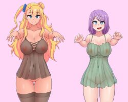  blonde_hair bottomless breasts cleavage dagashi_kashi female_only femsub galko happy_trance hotaru_shidare large_breasts lingerie long_hair looking_at_viewer multiple_girls multiple_subs navel open_mouth please_tell_me!_galko-chan purple_hair pussy see-through short_hair smile spiral_eyes symbol_in_eyes the_only_shoe thighhighs underwear zombie_walk 