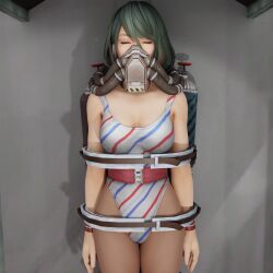  3d belt breasts cleavage closed_eyes corruption cuffs dead_or_alive esccc female_only femsub gas_mask green_hair multicolored_hair pantyhose restrained short_hair sleeping sleepy solo swimsuit tamaki_(dead_or_alive) wufan870203 