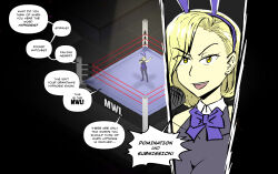 blonde_hair bow_tie bunny_ears bunnysuit cleavage dialogue english_text eyebrows_visible_through_hair hair_band hair_covering_one_eye large_breasts majinsfw microphone open_mouth original see-through short_hair smile solo speech_bubble stage text thighhighs veronica_nightingale_(majinsfw) wrestling wrist_band yellow_eyes