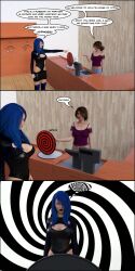  3d absurdres blue_hair chloe_ducer_(theheckle) comic dialogue female_only femsub humor original preview spiral spiral_eyes symbol_in_eyes text theheckle 