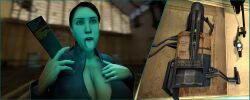  3d absurdres ahegao alternate_costume breasts brown_hair camera cleavage co4niydoge empty_eyes female_only femsub glowing half-life_2 huge_breasts open_mouth open_shirt prostitution short_hair source_filmmaker tech_control text tongue_out valve 