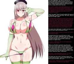 bikini blush breasts caption cleavage clothed_exposure empty_eyes expressionless fate/grand_order fate_(series) female_only femsub florence_nightingale ghost13_(writer) gloves hat icontrol_(manipper) kagemusha large_breasts long_hair looking_at_viewer maledom manip micro_bikini navel pink_eyes solo standing swimsuit text thighhighs v white_background