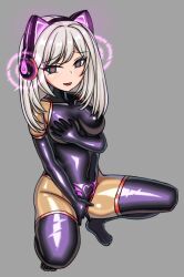  blue_eyes blush bodysuit breasts character_request cleavage corruption crotch_tattoo fake_animal_ears female_only femsub glowing grey_background happy_trance headphones heart_eyes holding_breasts hypnotic_audio hypnotic_music latex long_hair masturbation open_mouth original rispz rubber simple_background solo squatting symbol_in_eyes white_hair 