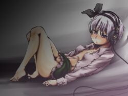 barefoot blush bottomless breasts dazed empty_eyes feet femsub headphones large_breasts open_clothes open_mouth short_hair tech_control tongue tongue_out touhou white_hair youmu_konpaku