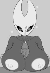  bare_shoulders black_skin bottomless breasts bug_girl collarbone cum femsub furry ghostec greyscale hollow_knight_(series) hornet_(hollow_knight) huge_breasts huge_cock monochrome nude paizuri penis pov sex simple_background spiral_eyes symbol_in_eyes topless veins 