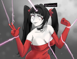 absurdres bare_shoulders black_hair breasts choker cleavage control_indicator dazed english_text eyeshadow female_only femdom femsub glatu gloves groping honkai_star_rail human_puppet kafka_(honkai_star_rail) large_breasts makeup pale_skin puppetization red_eyes sparkle_(honkai_star_rail) symbol text twintails