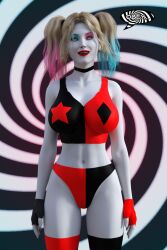  3d blonde_hair choker clown_girl dc_comics dialogue female_only femsub fingerless_gloves gloves happy_trance harley_quinn midriff multicolored_hair navel pale_skin smile solo spiral spiral_background spiral_eyes standing standing_at_attention symbol_in_eyes text theheckle twintails 