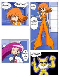  comic femsub hypno jessie megatronman misty nintendo orange_hair pendulum pokemon pokemon_(anime) pokemon_(creature) red_hair team_rocket text 