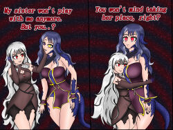  a_sleepy_kai absurdres bare_legs blue_hair cleavage clothed collar dialogue empty_eyes female_only femdom femsub fire_emblem fire_emblem_engage gloves hand_on_another&#039;s_cheek hand_on_head hug large_breasts long_hair luna_sapphirestar_(lunabunnylili) nail_polish necklace nintendo open_mouth opera_gloves original purple_eyes red_eyes scales silver_hair simple_background smile spiral_background standing standing_at_attention tagme tail text very_long_hair veyle_(fire_emblem) yellow_eyes 