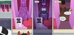 absurdres bikini bikini_bottom bikini_top bow bow_tie bunny_boy bunny_ears chastity collar comic corset dialogue display english_text fishnets furry heart long_hair malesub mannequin metiore nose_piercing nose_ring original piercing pink_eyes pink_hair pink_lipstick puckered_lips purple_skin speech_bubble spiral tech_control text visor x-ray