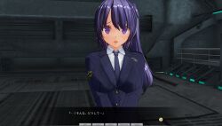  3d breasts custom_maid_3d_2 dialogue female_only japanese_text open_mouth original police_uniform policewoman purple_eyes purple_hair side_ponytail solo swallow774 text tie 