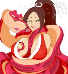 blush bondage breasts brown_hair coils dazed fatal_fury femsub groping happy_trance kaa_eyes king_of_fighters large_breasts long_hair mai_shiranui maledom open_mouth original plsgts ponytail saalim_(plsgts) simple_background smile snake text tied_hair tongue white_background