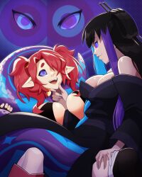  absurdres astelle_(tentacleblast_&amp;_jodles777) bare_shoulders black_hair breasts chin_hold coils elf_ears female_only femdom femsub hair_covering_one_eye hypnotic_eyes kaa_eyes large_breasts legendsnjk naga_girl open_mouth original red_hair sitting_on_lap twilight_(tentacleblast_&amp;_twilightotaku) yuri 