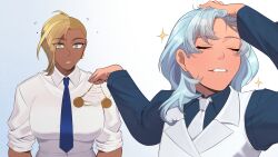 ash_(svettak92) blonde_hair blue_hair dark_skin dazed earrings female_only femdom femsub humor meme ms._saturday_(svettak92) muscle_girl original pocket_watch shirt sidecut sunnypoppy tie