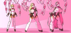 absurdres aegis_(persona) bimbofication blonde_hair breast_expansion breasts empty_eyes female_only femsub happy_trance huge_breasts large_lips latex long_hair open_mouth persona_(series) persona_3 pink_eyes pink_hair robot santacalamitas short_hair tech_control transformation