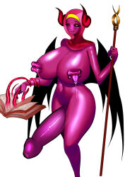  black_sclera book bottomless breast_expansion breasts corruption demon_futa drool futanari horns huge_breasts huge_cock mouth_nipples original penis purple_skin staff tentacles tongue tongue_out topless wings zxc 