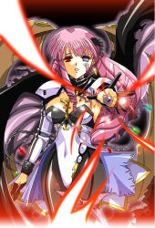 alternate_costume aura breasts cleavage corruption empty_eyes eye_color_change facial_markings femsub happy_trance heterochromia hisho horns jewelry langrisser lipstick looking_at_viewer magic makeup multiple_eyes navel parasite pink_hair purple_eyes red_eyes rozenciel_(langrisser) smile solo thighs very_long_hair wings