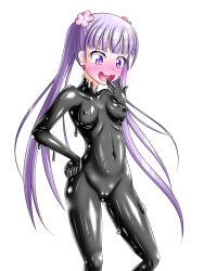 aoba_suzukaze blush bodysuit erect_nipples female_only new_game! open_mouth purple_eyes purple_hair simple_background slime solo twintails