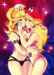  absurdres black_bra black_panties blonde_hair blue_eyes blush bowsette bra breast_press breasts cappy cleavage collar crown earrings female_only femsub hand_on_another&#039;s_cheek happy_trance hat hypnotic_accessory jewelry large_breasts long_hair maledom mario megubunnii multiple_girls nail_polish new_super_mario_bros._u_deluxe nintendo panties ponytail possession princess princess_peach smile sub_on_sub super_crown super_mario_bros. super_mario_odyssey symmetrical_docking transformation transgender underwear 