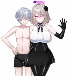 absurdres bare_shoulders chaos_zero_nightmare character_request charm_(spell) english_text femsub gloves glowing_eyes grey_hair groping hand_on_hip happy_trance lukazyx maledom netorare no_eyes opera_gloves pink_eyes renoa_(chaos_zero_nightmare) short_hair shorts simple_background symbol text white_background