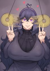  ahoge breasts coin double_v female_only femsub hairband happy_trance heart hex_maniac huge_breasts large_breasts looking_at_viewer metal_owl nintendo pendulum pokemon pokemon_x_and_y purple_hair smile solo spiral_eyes sweater symbol_in_eyes v very_long_hair 